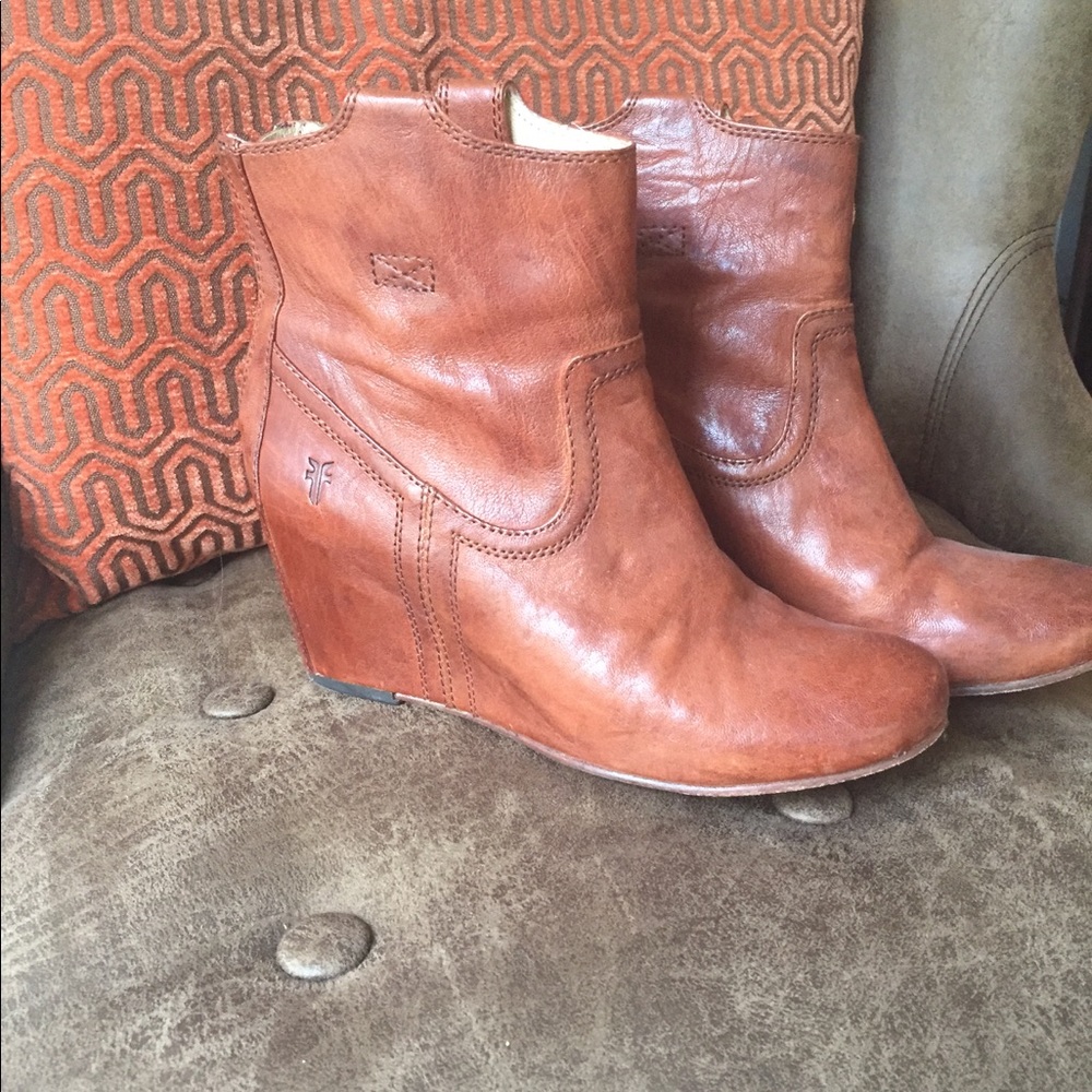 Frye Leather Wedge Booties, Cognac, Size 8